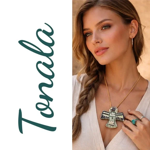 Vintage Signed Tonala Mexico Ceramic Thunderbird Pendant Necklace Folk Art - Picture 8 of 8